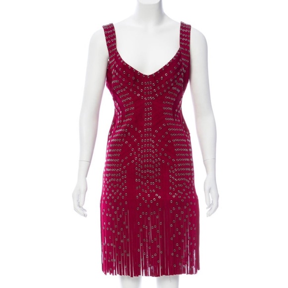 NWT Herve Leger Haleigh maroon grommet fringe dress L - Picture 3 of 13